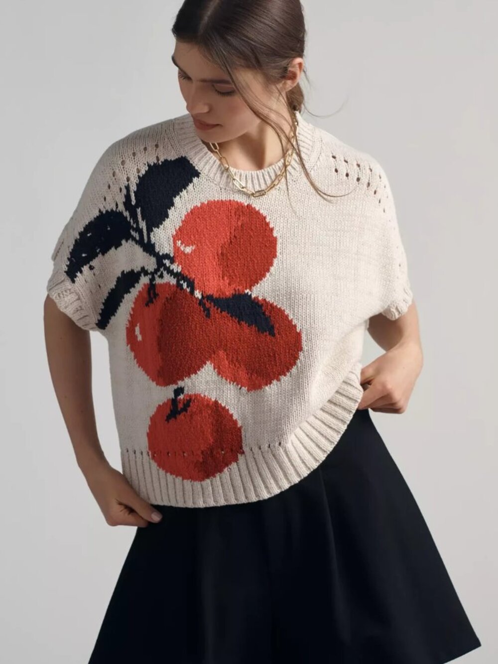 Anthropologie Maeve Short-Sleeve Veggie Motif Graphic Sweater Apples L NWT - Picture 1 of 5